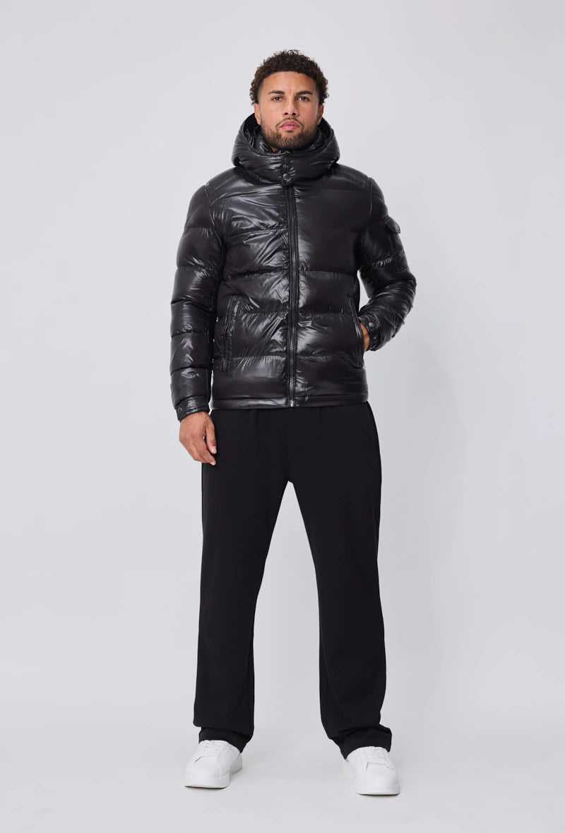Wintermantel | Glänzende Steppjacke | Schwarz