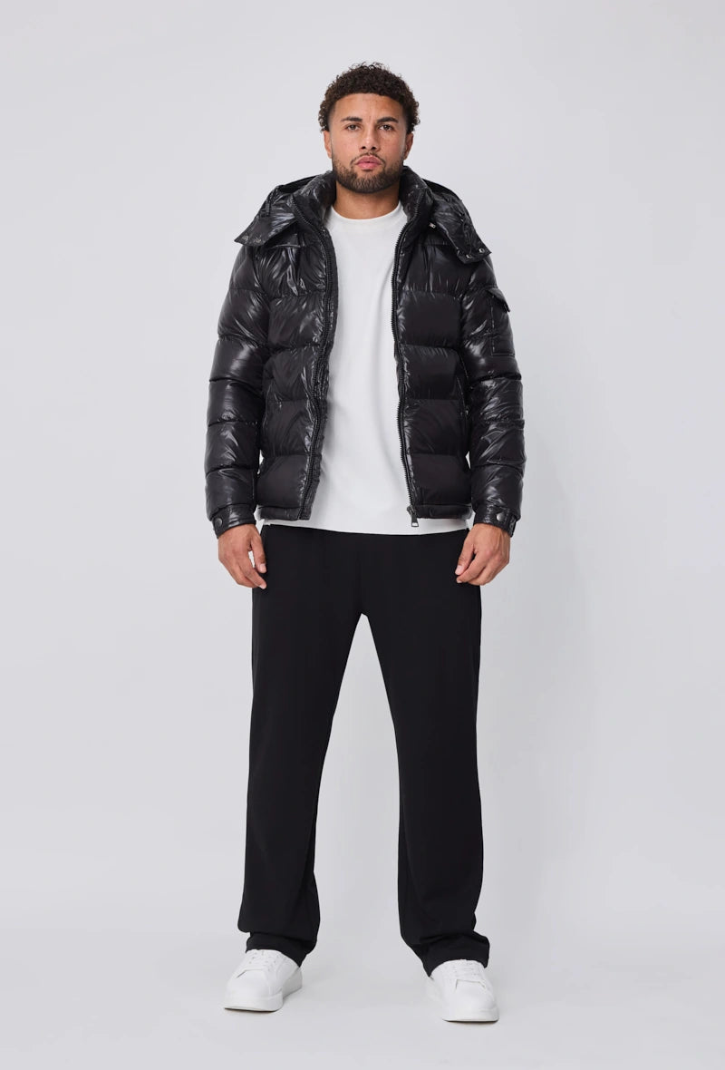 Wintermantel | Glänzende Steppjacke | Schwarz