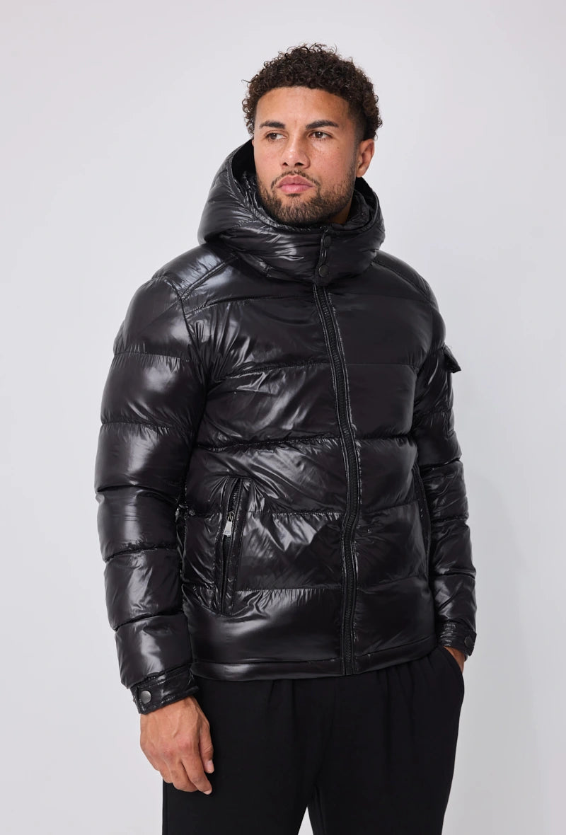 Wintermantel | Glänzende Steppjacke | Schwarz