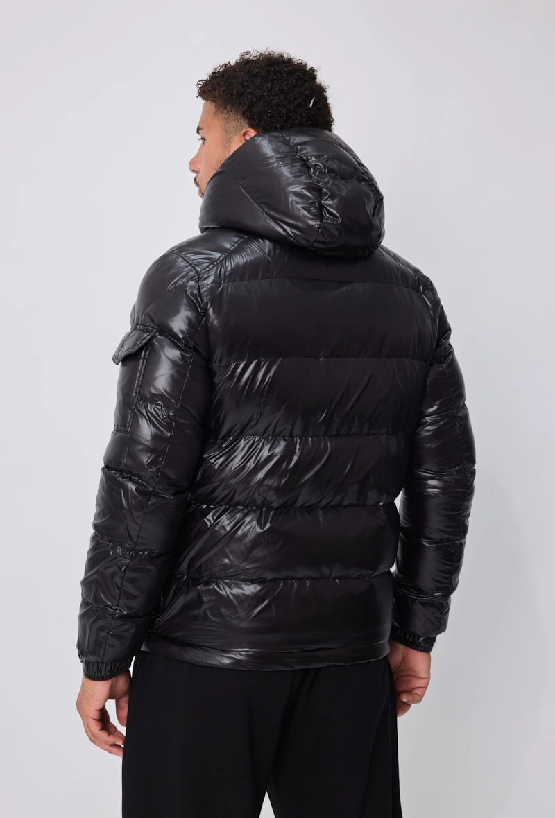 Wintermantel | Glänzende Steppjacke | Schwarz