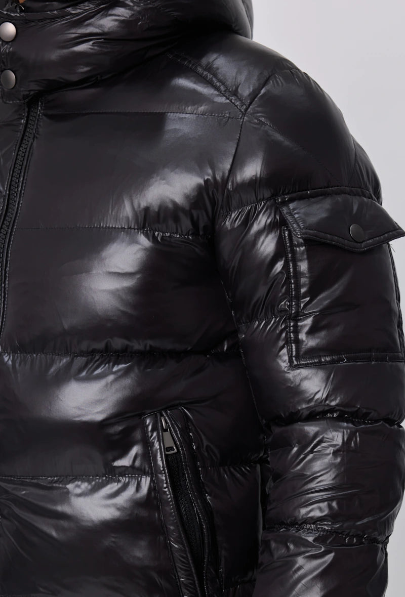 Wintermantel | Glänzende Steppjacke | Schwarz