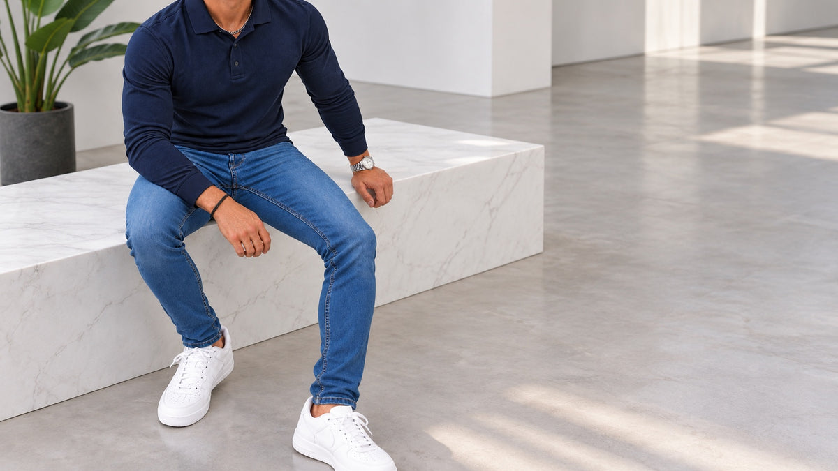 Man in donkerblauwe polo en blauwe slim fit jeans